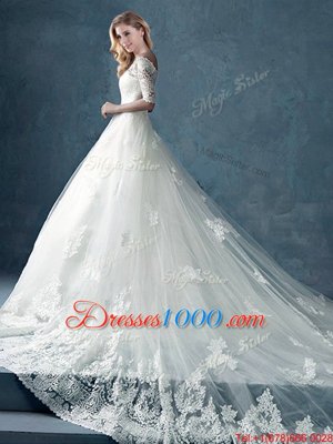 White Zipper Off The Shoulder Lace and Appliques Wedding Dresses Tulle Half Sleeves Chapel Train