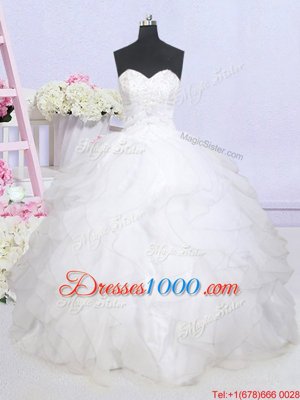 Ruffled White Sleeveless Organza Brush Train Lace Up Wedding Gown for Wedding Party