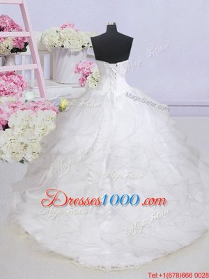 Ruffled White Sleeveless Organza Brush Train Lace Up Wedding Gown for Wedding Party