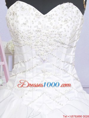 Ruffled White Sleeveless Organza Brush Train Lace Up Wedding Gown for Wedding Party