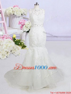 Classical Mermaid Backless Organza Sleeveless With Train Wedding Gowns Brush Train and Beading and Appliques