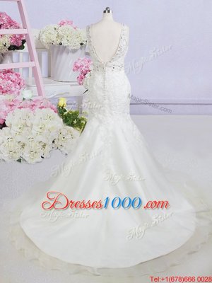 Classical Mermaid Backless Organza Sleeveless With Train Wedding Gowns Brush Train and Beading and Appliques