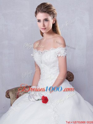 Scalloped Lace Wedding Gown White Lace Up Sleeveless With Train Court Train