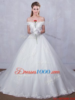 Scalloped Lace Wedding Gown White Lace Up Sleeveless With Train Court Train