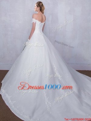 Scalloped Lace Wedding Gown White Lace Up Sleeveless With Train Court Train