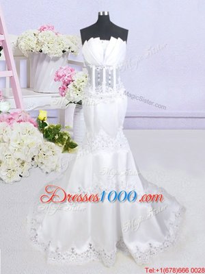 Decent Mermaid See Through White Sleeveless Brush Train Beading and Lace With Train Bridal Gown