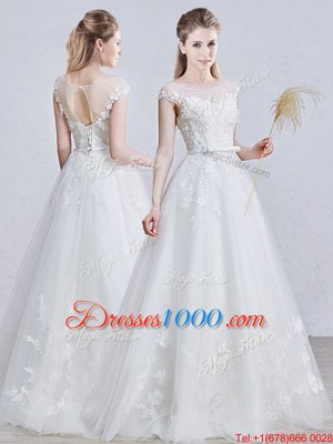 Custom Designed White Tulle Lace Up Scoop Short Sleeves Floor Length Wedding Gown Appliques