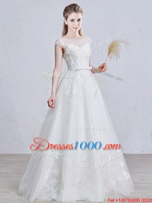 Custom Designed White Tulle Lace Up Scoop Short Sleeves Floor Length Wedding Gown Appliques