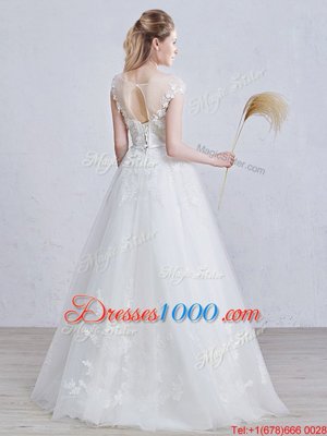 Custom Designed White Tulle Lace Up Scoop Short Sleeves Floor Length Wedding Gown Appliques