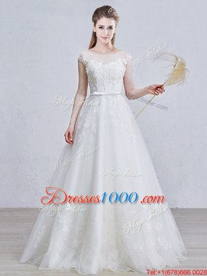 Custom Designed White Tulle Lace Up Scoop Short Sleeves Floor Length Wedding Gown Appliques