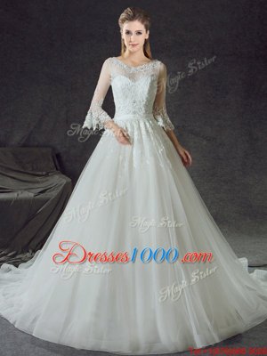 Glamorous Scoop 3|4 Length Sleeve Tulle With Train Court Train Zipper Wedding Dresses in White for with Lace