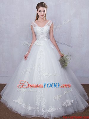 Straps Straps Sleeveless Lace Up Floor Length Lace and Appliques Wedding Gown