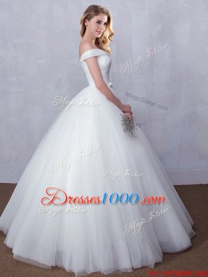 White Off The Shoulder Neckline Bowknot Bridal Gown Sleeveless Lace Up