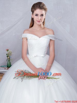 White Off The Shoulder Neckline Bowknot Bridal Gown Sleeveless Lace Up