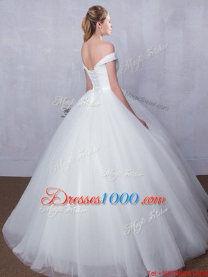 White Off The Shoulder Neckline Bowknot Bridal Gown Sleeveless Lace Up