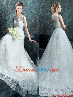 V-neck Sleeveless Brush Train Lace Up Wedding Dresses White Tulle