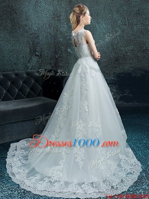 V-neck Sleeveless Brush Train Lace Up Wedding Dresses White Tulle