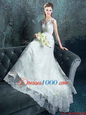 V-neck Sleeveless Brush Train Lace Up Wedding Dresses White Tulle