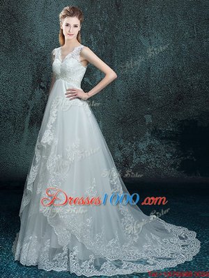 V-neck Sleeveless Brush Train Lace Up Wedding Dresses White Tulle