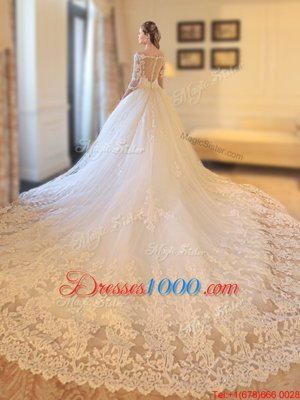 Inexpensive White Ball Gowns Tulle Off The Shoulder Half Sleeves Lace and Appliques Zipper Wedding Dress Cathedral Train