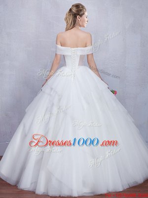 Shining Off the Shoulder Sleeveless Beading and Ruffles Lace Up Wedding Gown