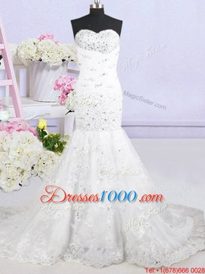 Mermaid Sleeveless Brush Train Beading and Lace and Appliques Lace Up Wedding Dress
