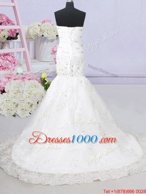 Mermaid Sleeveless Brush Train Beading and Lace and Appliques Lace Up Wedding Dress