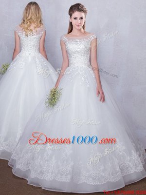 White Scoop Lace Up Lace Wedding Dresses Cap Sleeves