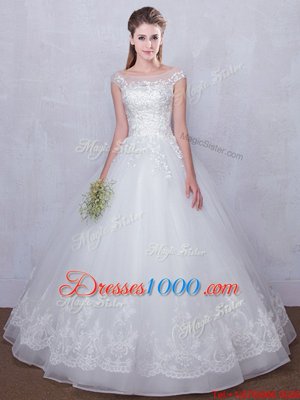 White Scoop Lace Up Lace Wedding Dresses Cap Sleeves