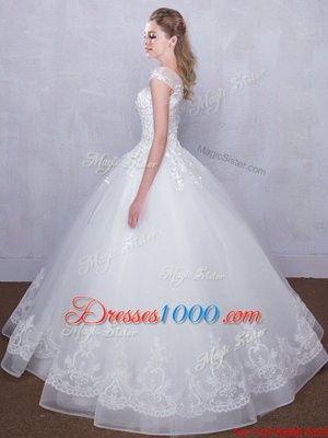 White Scoop Lace Up Lace Wedding Dresses Cap Sleeves