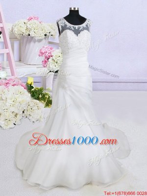 See Through Scoop Sleeveless Organza Wedding Gowns Beading and Appliques Brush Train Backless