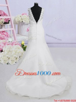 See Through Scoop Sleeveless Organza Wedding Gowns Beading and Appliques Brush Train Backless