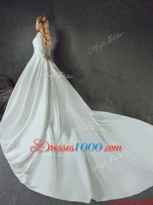 Suitable White Wedding Dress Wedding Party and For with Lace and Belt V-neck Long Sleeves Chapel Train Lace Up