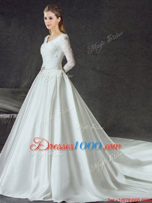 Suitable White Wedding Dress Wedding Party and For with Lace and Belt V-neck Long Sleeves Chapel Train Lace Up