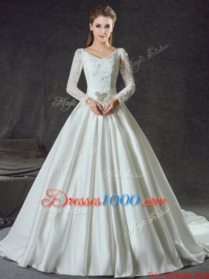 Suitable White Wedding Dress Wedding Party and For with Lace and Belt V-neck Long Sleeves Chapel Train Lace Up