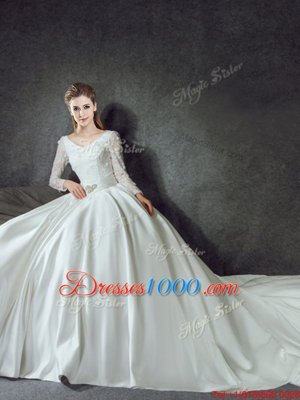 Suitable White Wedding Dress Wedding Party and For with Lace and Belt V-neck Long Sleeves Chapel Train Lace Up