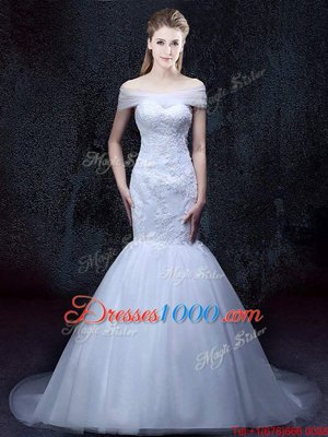 Low Price Mermaid Off the Shoulder With Train White Wedding Dress Tulle Brush Train Short Sleeves Lace and Appliques