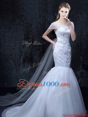 Low Price Mermaid Off the Shoulder With Train White Wedding Dress Tulle Brush Train Short Sleeves Lace and Appliques