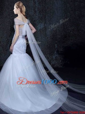 Low Price Mermaid Off the Shoulder With Train White Wedding Dress Tulle Brush Train Short Sleeves Lace and Appliques