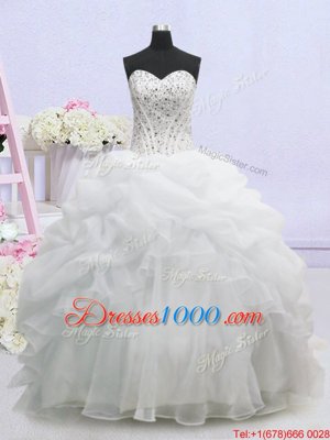 Unique White Organza Lace Up Sweetheart Sleeveless Bridal Gown Brush Train Beading and Pick Ups