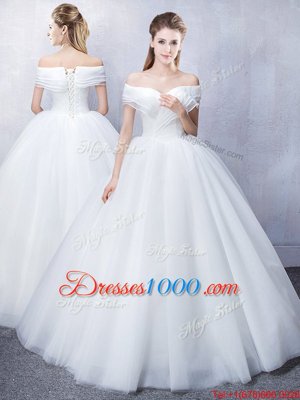 Best Off the Shoulder Ruffled Tulle Short Sleeves Floor Length Wedding Gown and Ruching
