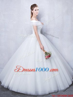 Best Off the Shoulder Ruffled Tulle Short Sleeves Floor Length Wedding Gown and Ruching