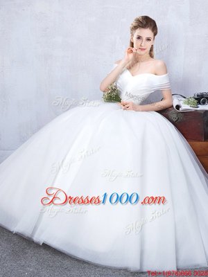 Best Off the Shoulder Ruffled Tulle Short Sleeves Floor Length Wedding Gown and Ruching