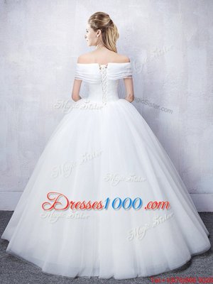 Best Off the Shoulder Ruffled Tulle Short Sleeves Floor Length Wedding Gown and Ruching