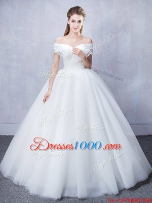 Best Off the Shoulder Ruffled Tulle Short Sleeves Floor Length Wedding Gown and Ruching