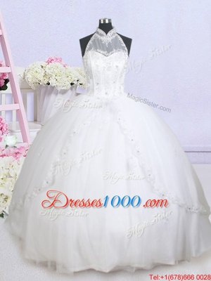 White Tulle Lace Up Halter Top Sleeveless With Train Wedding Dress Brush Train Beading and Appliques