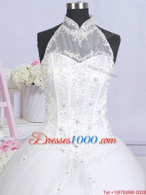 Mermaid Scoop White Tulle Lace Up Wedding Dresses Sleeveless With Train Court Train Lace and Appliques