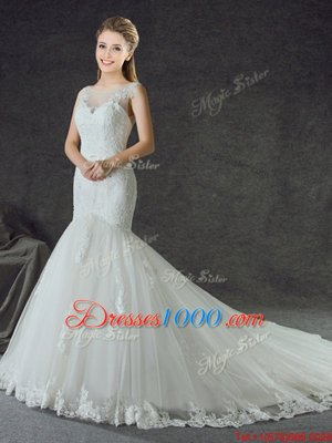 Mermaid Scoop White Tulle Lace Up Wedding Dresses Sleeveless With Train Court Train Lace and Appliques