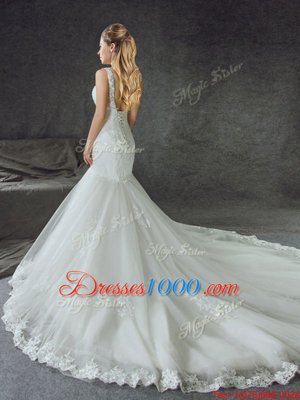 Mermaid Scoop White Tulle Lace Up Wedding Dresses Sleeveless With Train Court Train Lace and Appliques