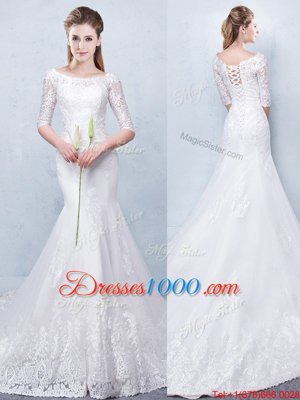 Shining Mermaid White Scoop Lace Up Lace Wedding Gown Court Train Half Sleeves